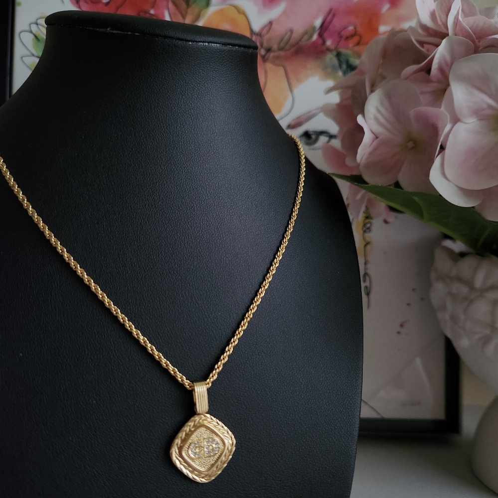 CHRISTIAN DIOR CD Logo Rhinestone Rhombus Shape Pendant Necklace